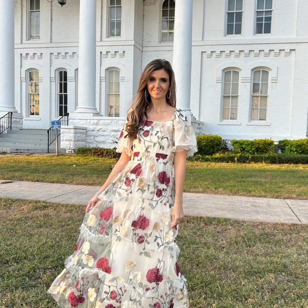 Floral Embroidered Maxi Dress in White with Burgundy Accents - Picture 9 of 9